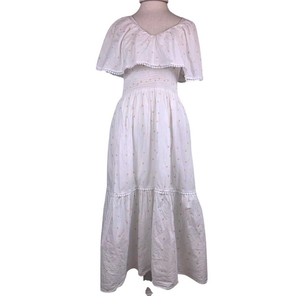 Zara White Yellow Polka Dot Midi Dress M Smocked Waist Cottagecore Cape Neckline - Picture 2 of 9